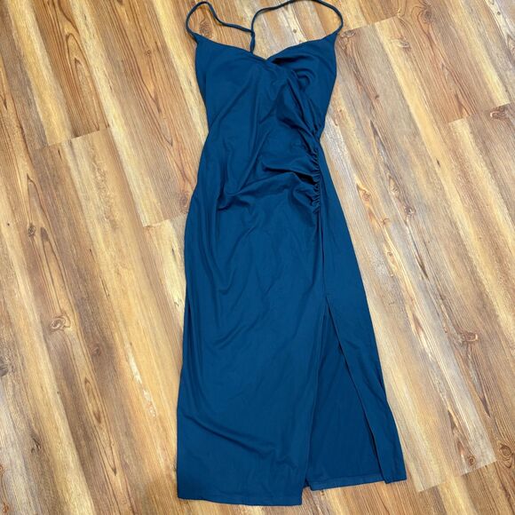 HALARA NWT Softly Zero Ruched Lace Up Bodycon Dress Ink Green Size Small - Picture 4 of 8